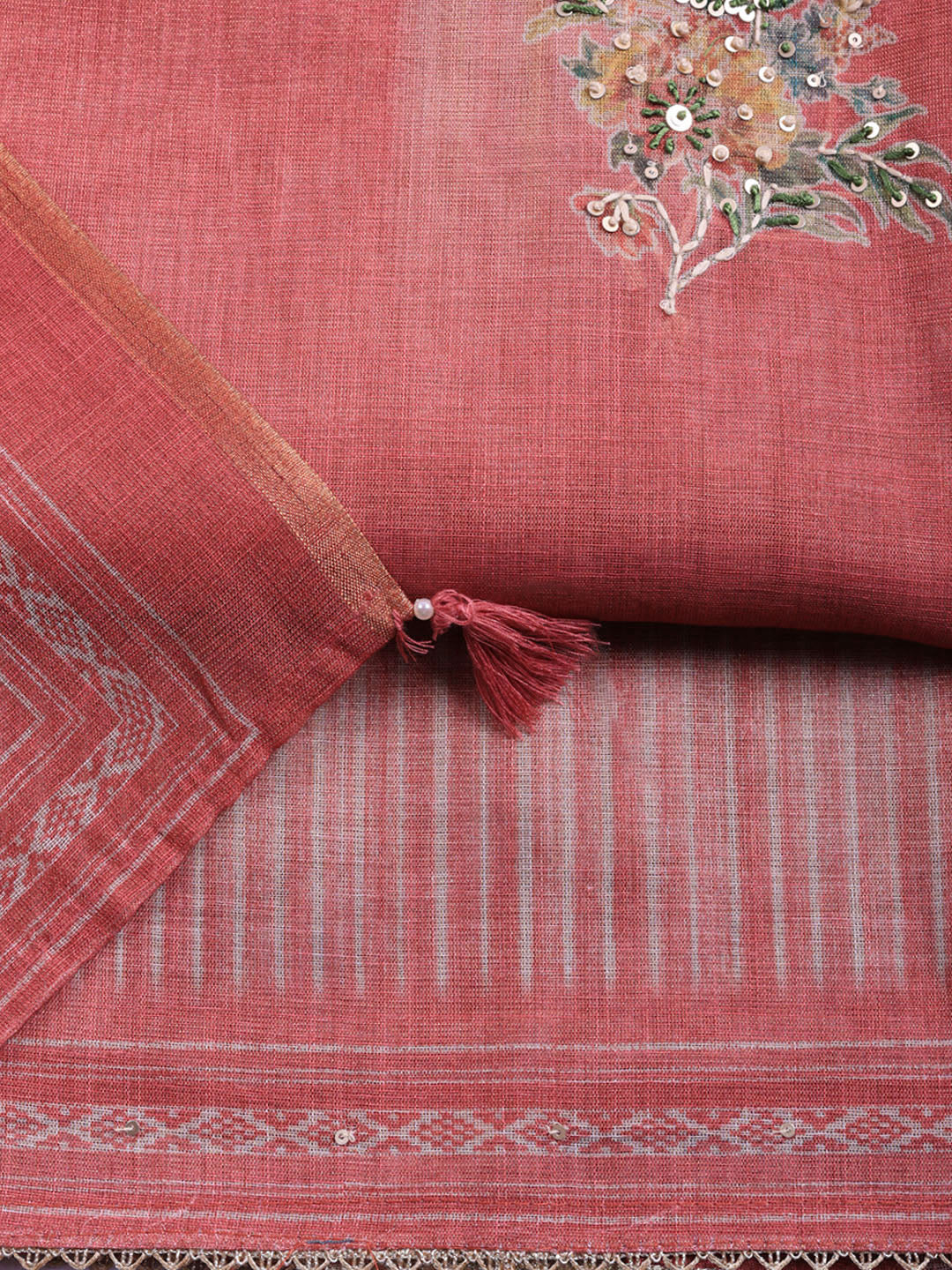 Printed Linen Blend Unstitched Suit With Pant &amp; Dupatta