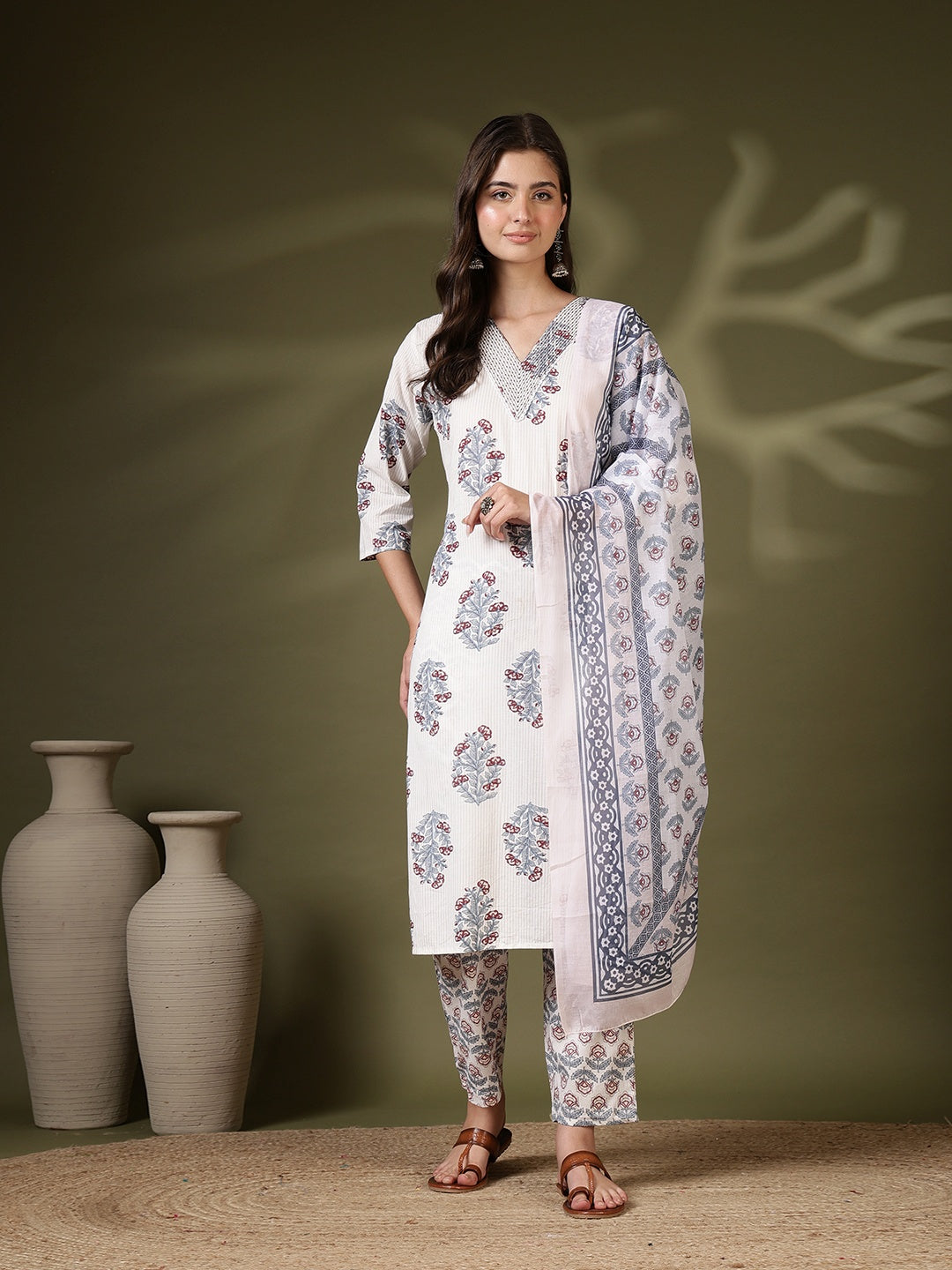 Printed Cotton Blend Kurta With Pant &amp; Dupatta