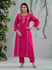 Neck Embroidery Cotton Blend Kurta With Pants & Dupatta