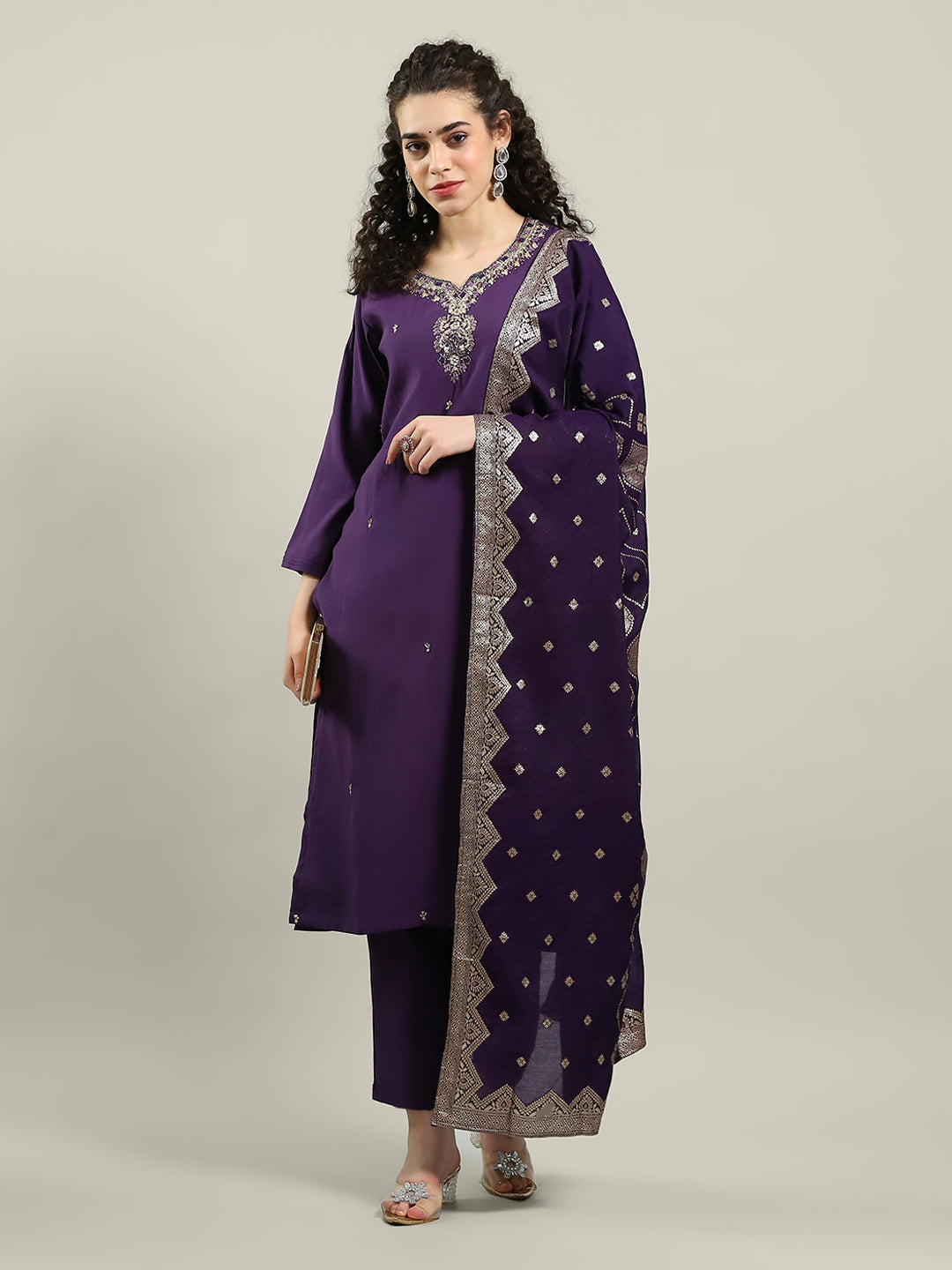 Printed Cotton Blend Kurta With Pants & Dupatta