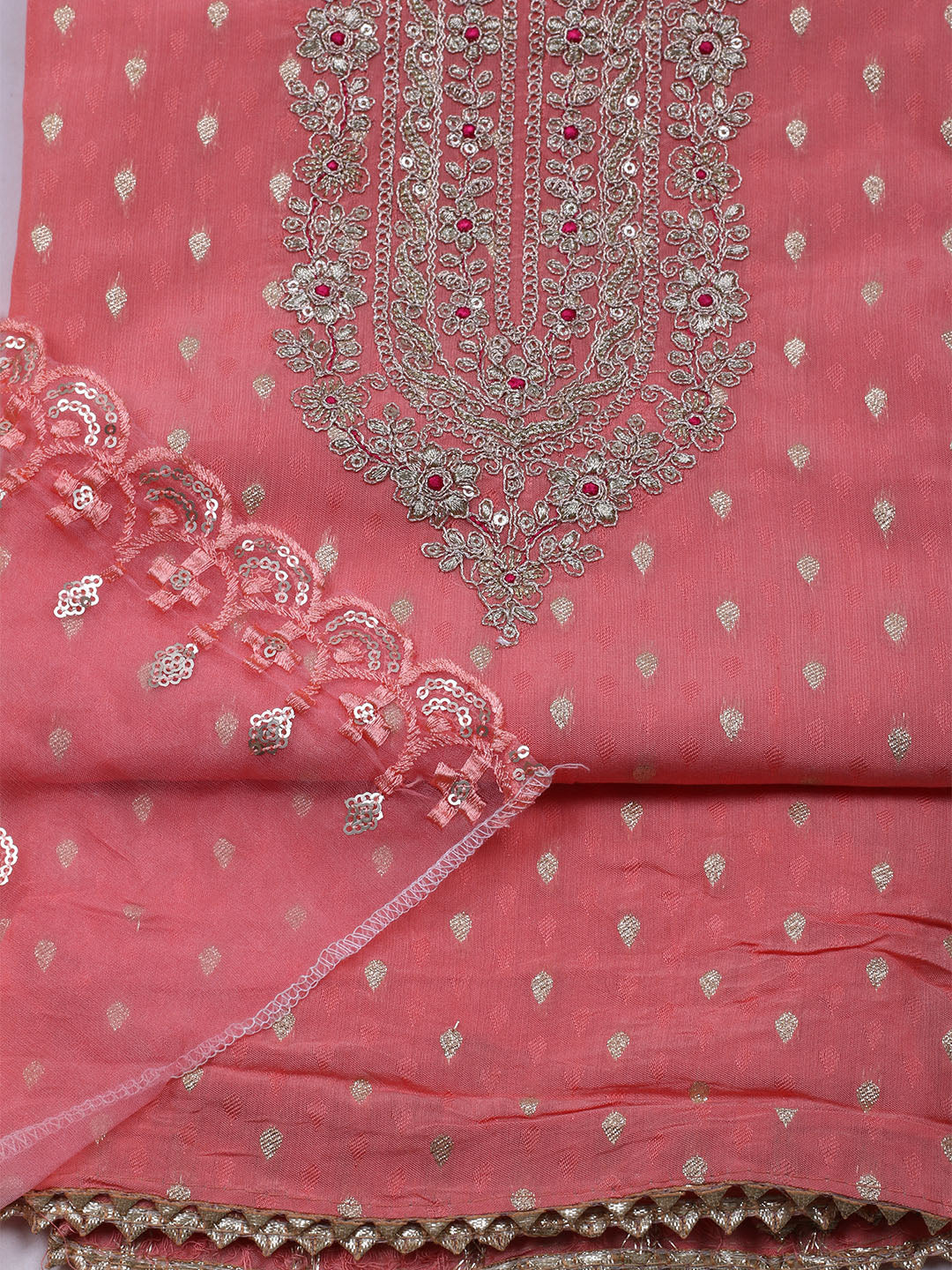 Neck Embroidered Chanderi Unstitched Suit With Dupatta