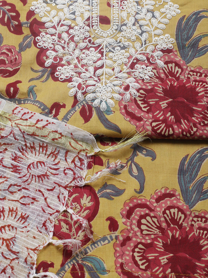 Printed Cotton Blend Unstitched Suit With Pant &amp; Dupatta