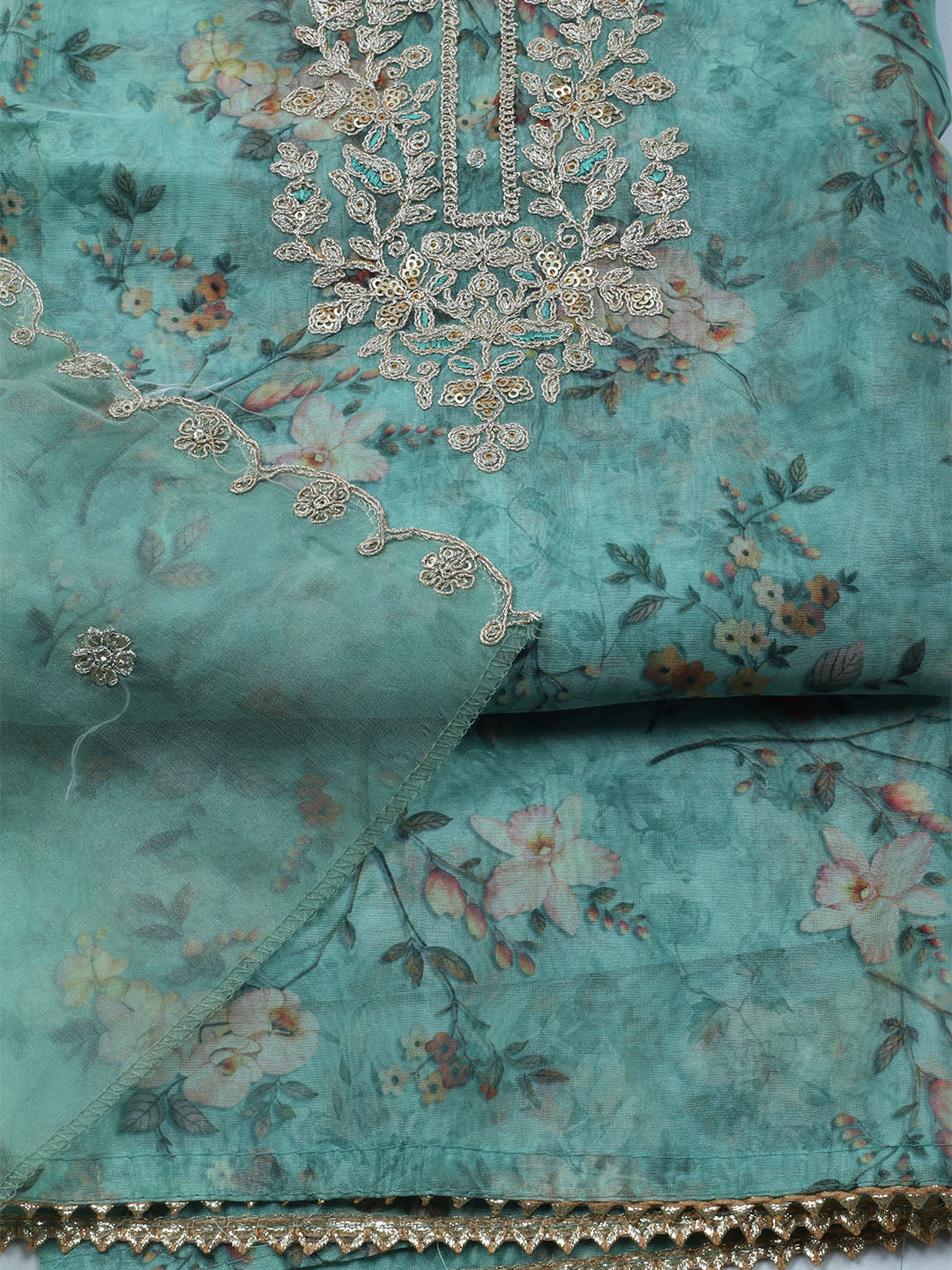 Neck Embroidered Organza Unstitched Suit With Dupatta