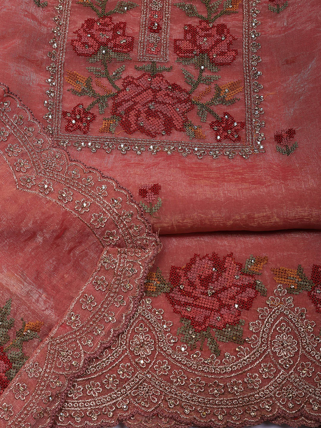 Embroidered Tissue Unstitched Suit With Pant &amp; Dupatta