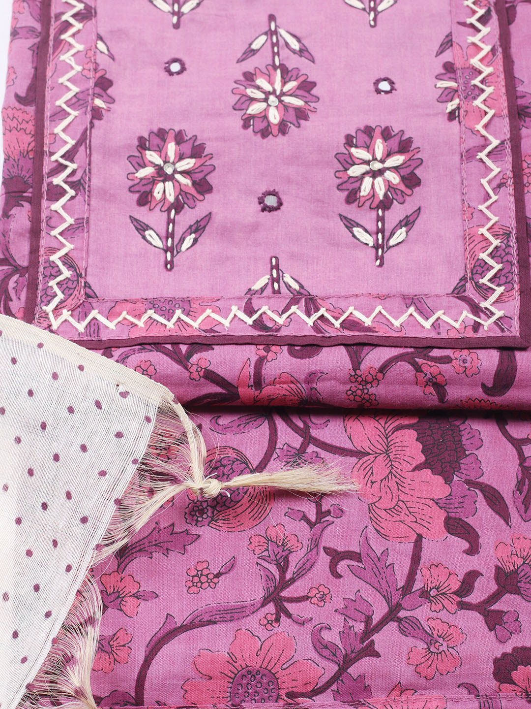 Printed Cotton Blend Unstitched Suit With Pant &amp; Dupatta