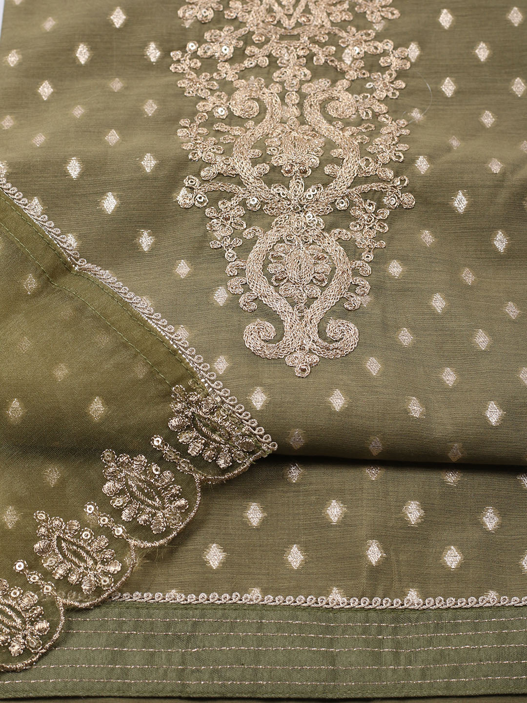 Neck Embroidered Chanderi Unstitched Suit With Dupatta
