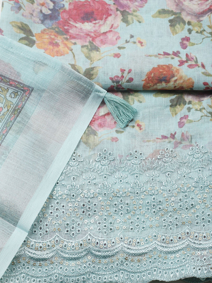 Embroidered Linen Blend Unstitched Suit With Pant &amp; Dupatta