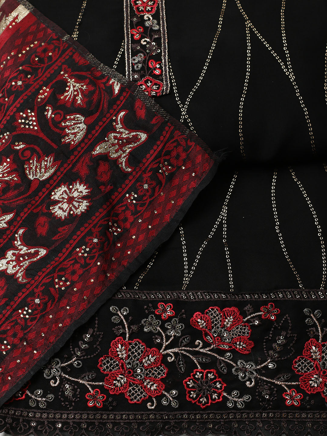 Embroidered Georgette Unstitched Suit With Pant &amp; Dupatta