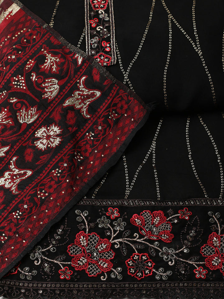 Embroidered Georgette Unstitched Suit With Pant &amp; Dupatta