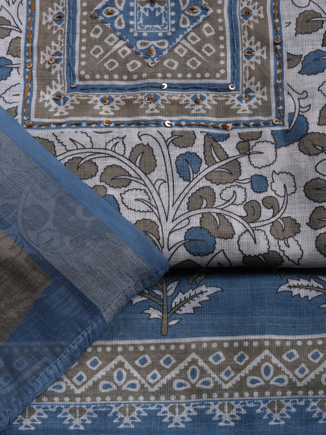 Printed Linen Blend Unstitched Suit With Pant &amp; Dupatta