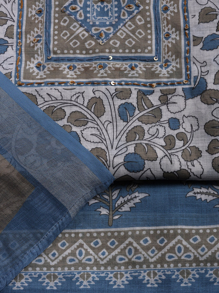 Printed Linen Blend Unstitched Suit With Pant &amp; Dupatta
