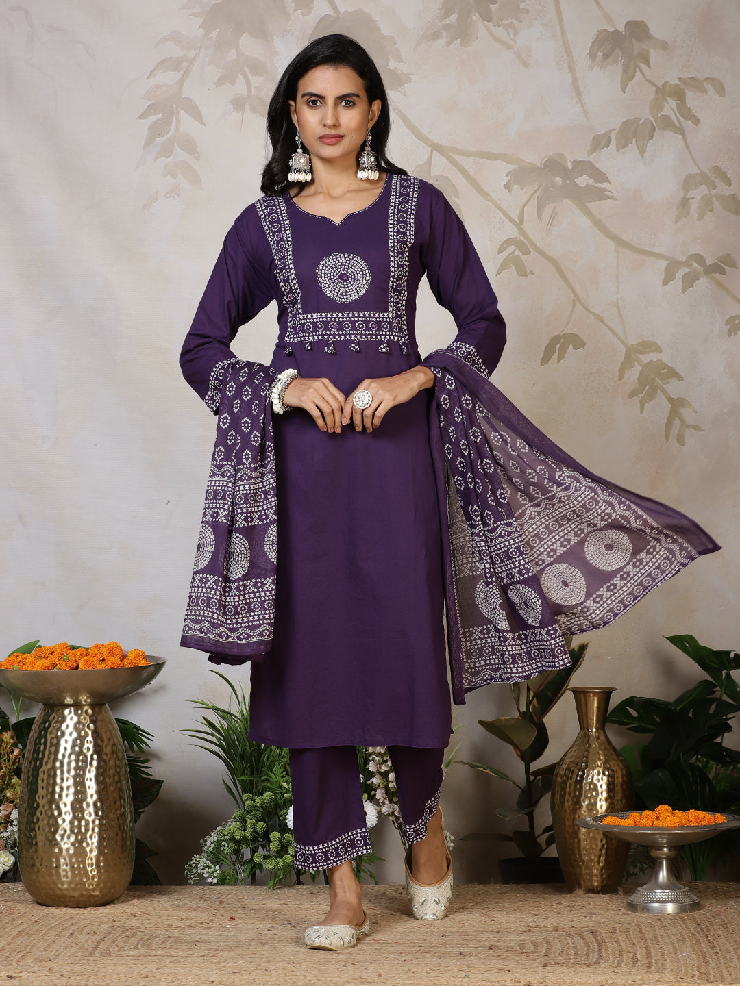 Printed Cotton Blend Kurta With Pants & Dupatta