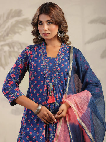 Digital Floral Printed Cotton Blend Kurta With Pants & Dupatta