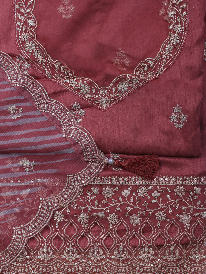 Embroidered Art Silk Unstitched Suit Piece With Dupatta