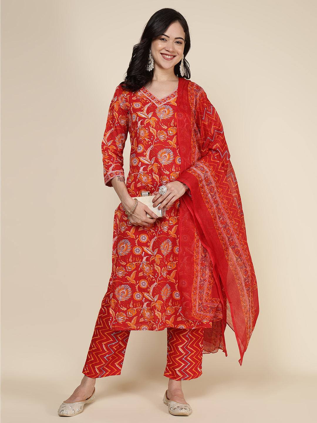 Printed Cotton Blend Kurta With Pants & Dupatta