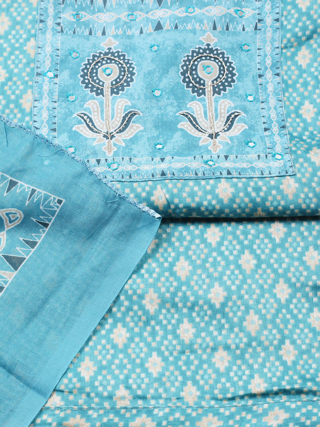Printed Cotton Blend Unstitched Suit With Pant &amp; Dupatta