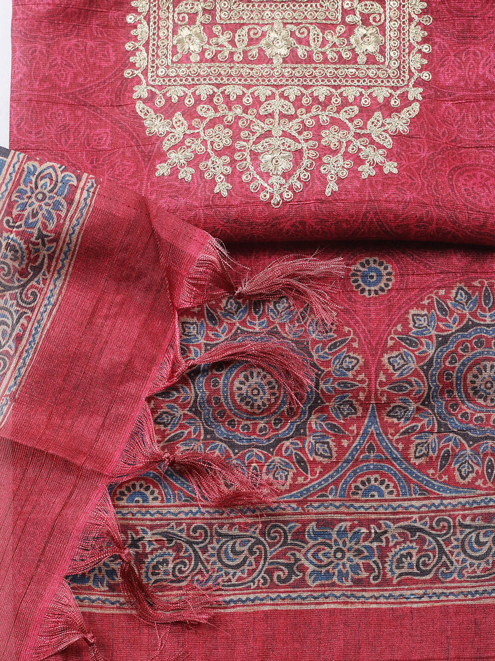 Embroidered Cotton Blend Unstitched Suit With Pant &amp; Dupatta
