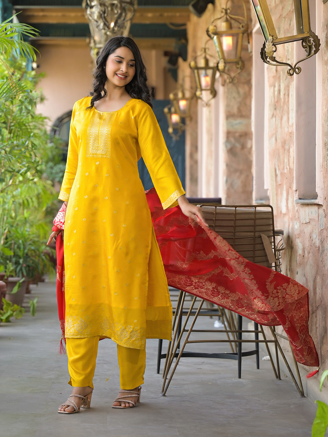 Embroidered Cotton Kurta With Pant &amp; Dupatta
