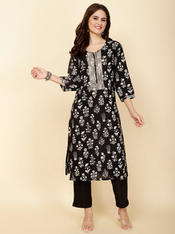 Neck Embroidery & Printed Cotton Kurta Set