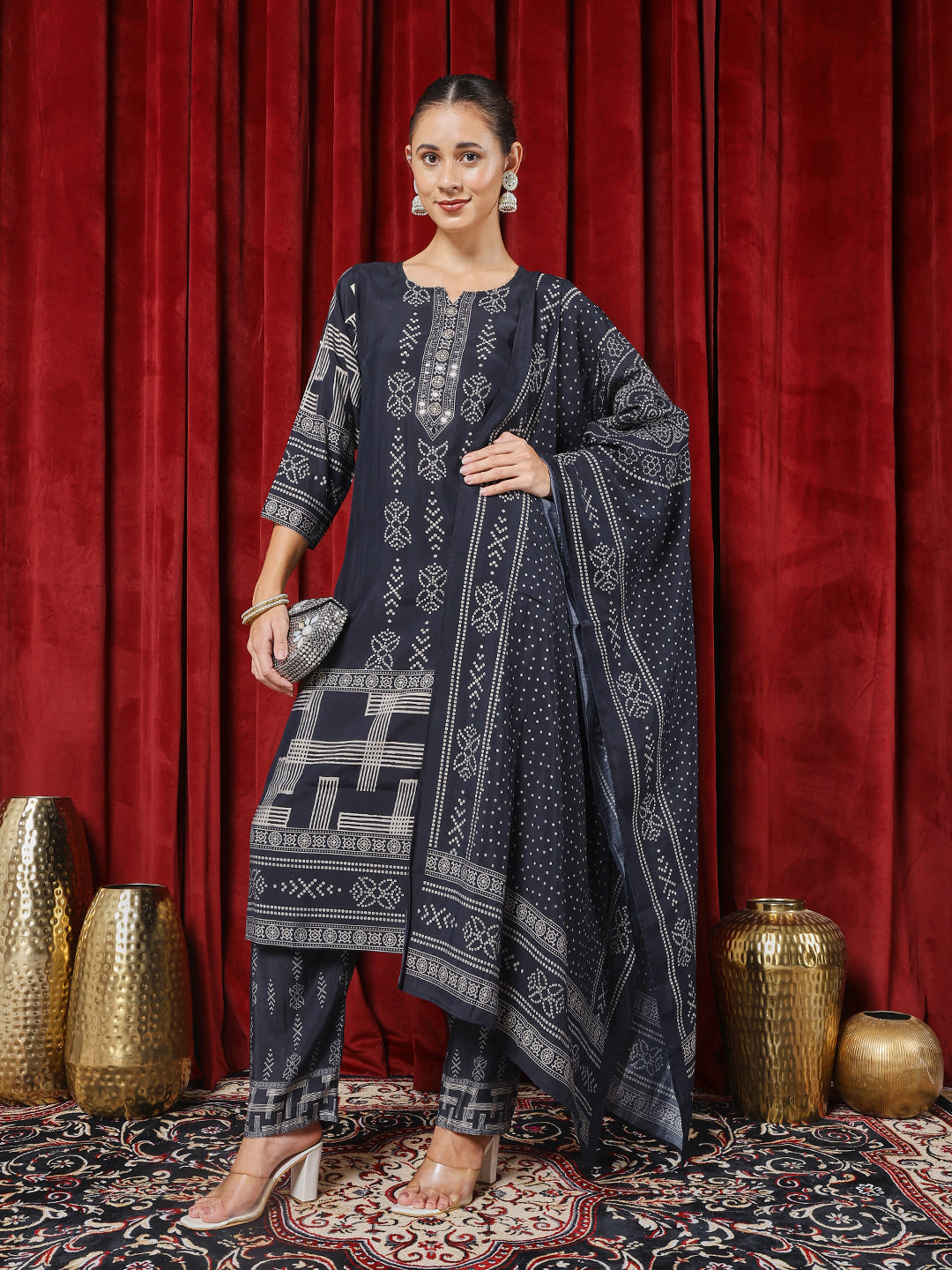 Printed Chanderi Kurta With Pants & Dupatta