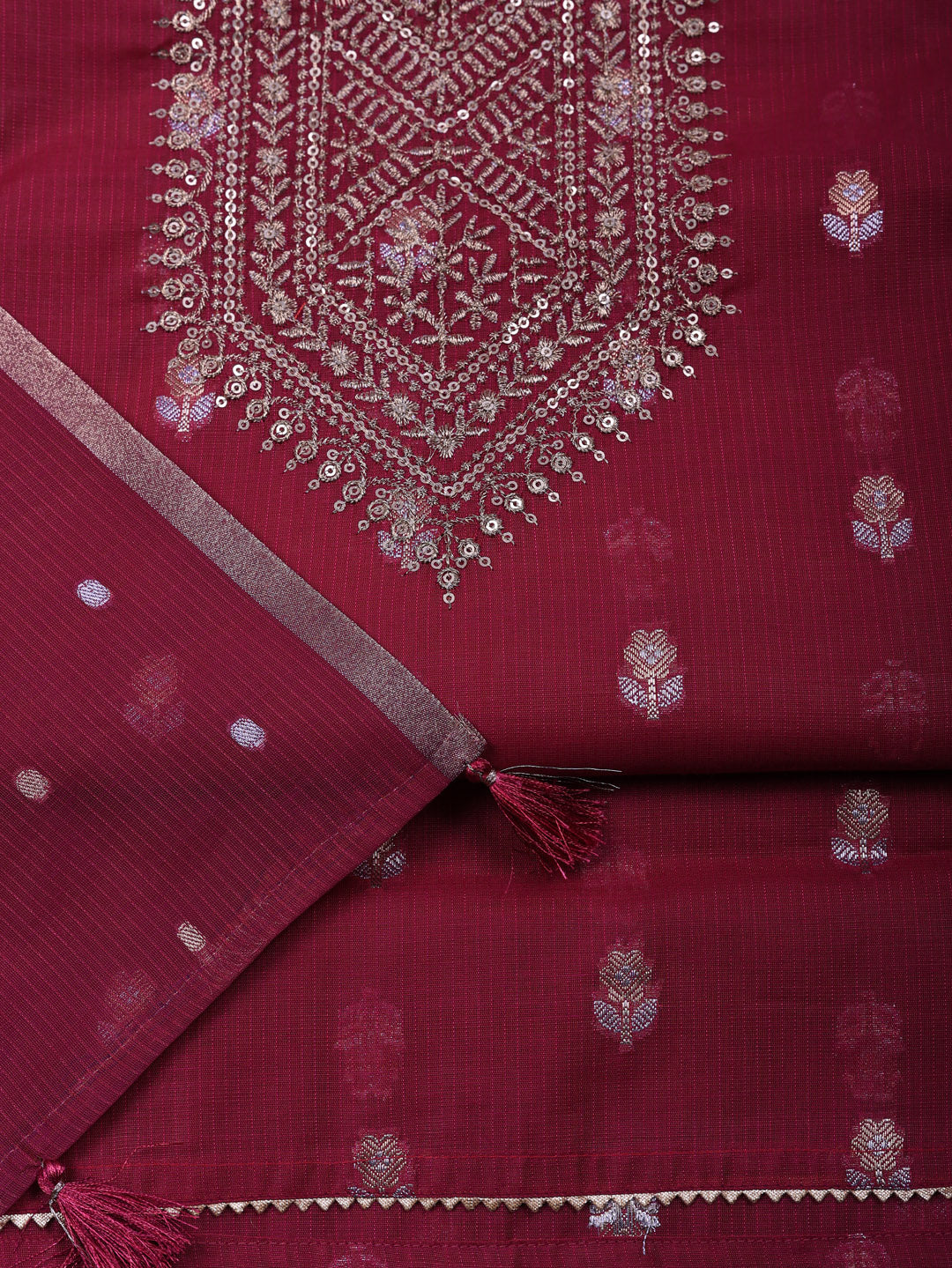 Embroidered Chanderi Unstitched Suit With Pant &amp; Dupatta