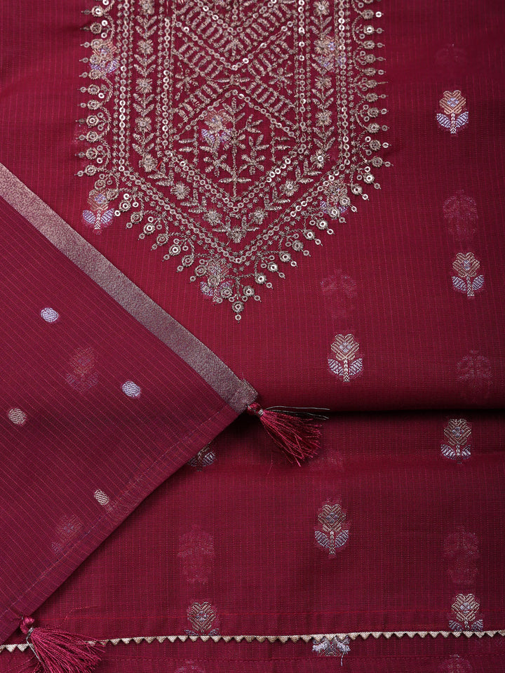 Embroidered Chanderi Unstitched Suit With Pant &amp; Dupatta