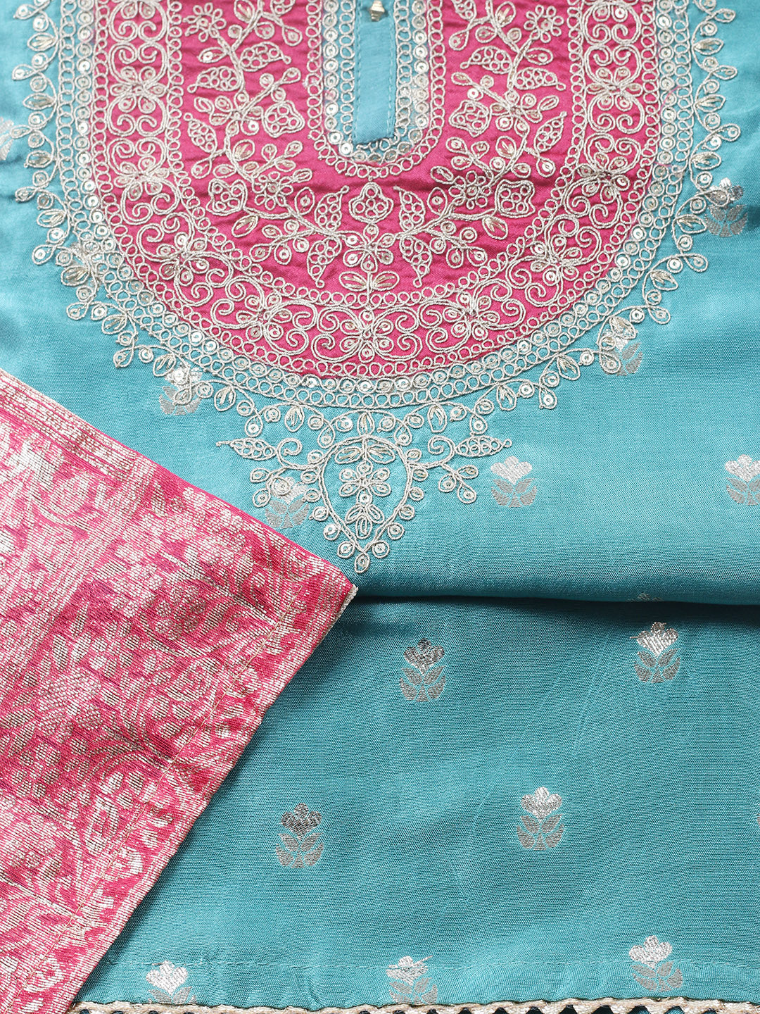 Embroidered Chanderi Unstitched Suit With Pant &amp; Dupatta