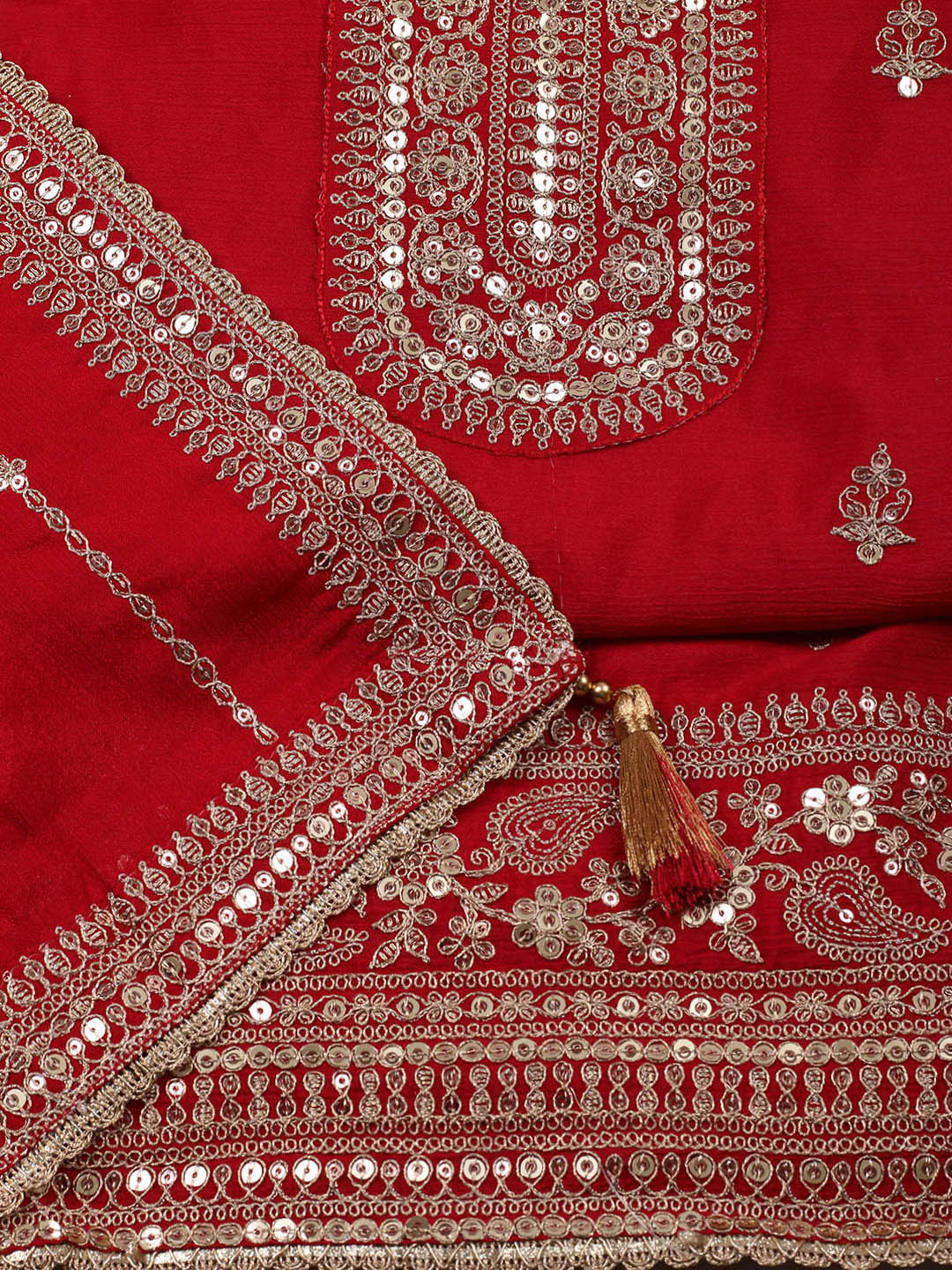 Embroidered Chinon Red Unstitched Suit With Pant &amp; Dupatta