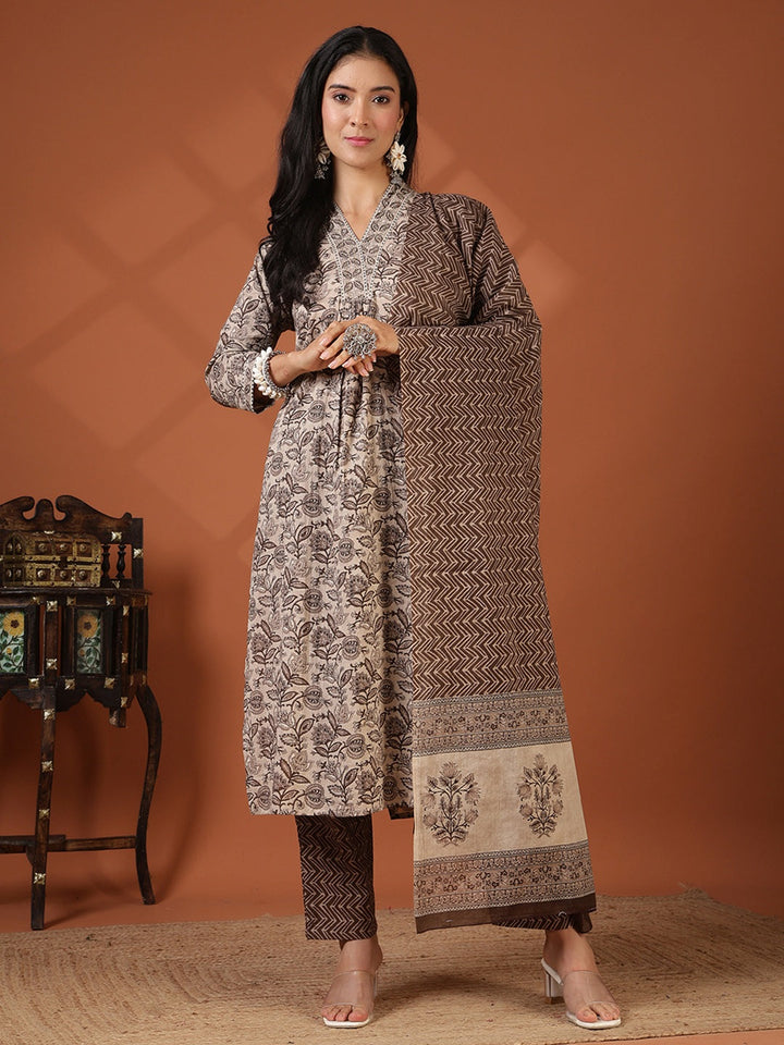 Printed Cotton Blend Kurta With Pant &amp; Dupatta