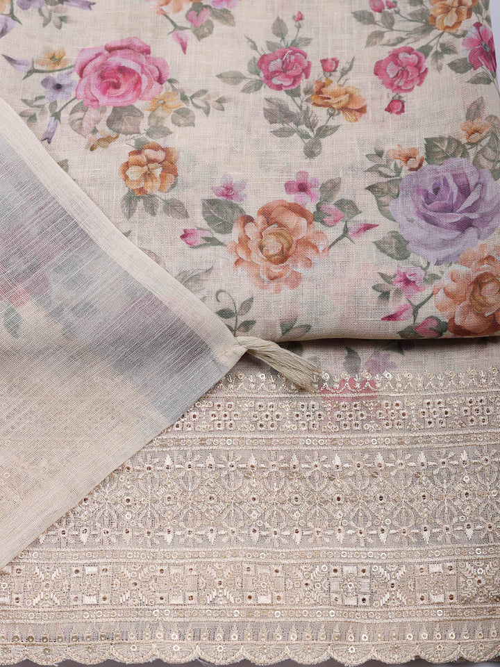 Embroidered Linen Blend Unstitched Suit With Pant &amp; Dupatta