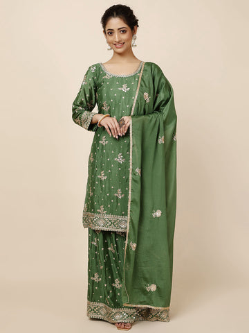 Resham Sequin Embroidery Chinnon Kurta With Garara & Dupatta