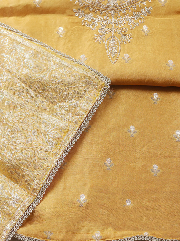 Embroidered Chanderi Unstitched Suit With Pant &amp; Dupatta