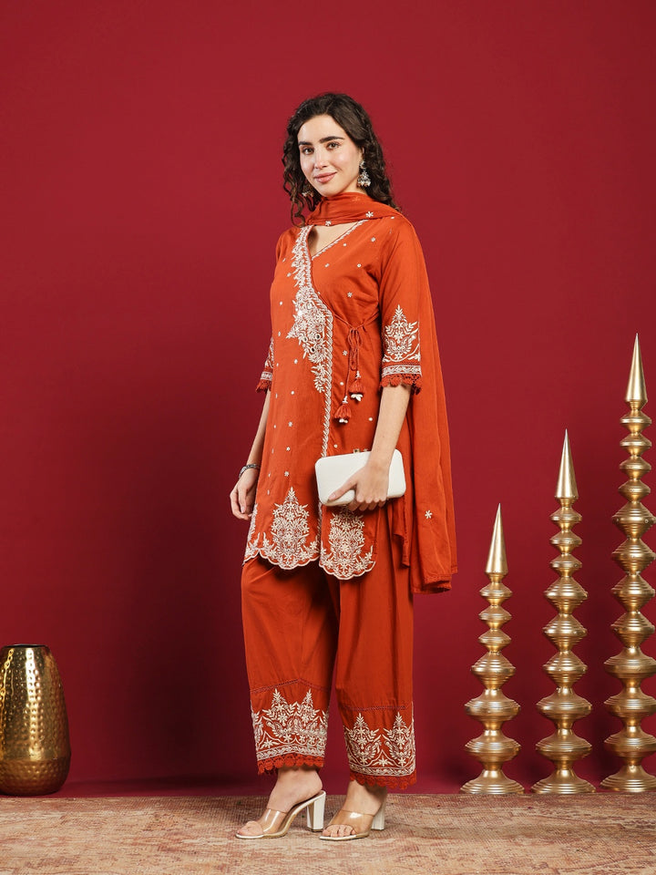 Embroidered Cotton Kurta With Pant &amp; Dupatta