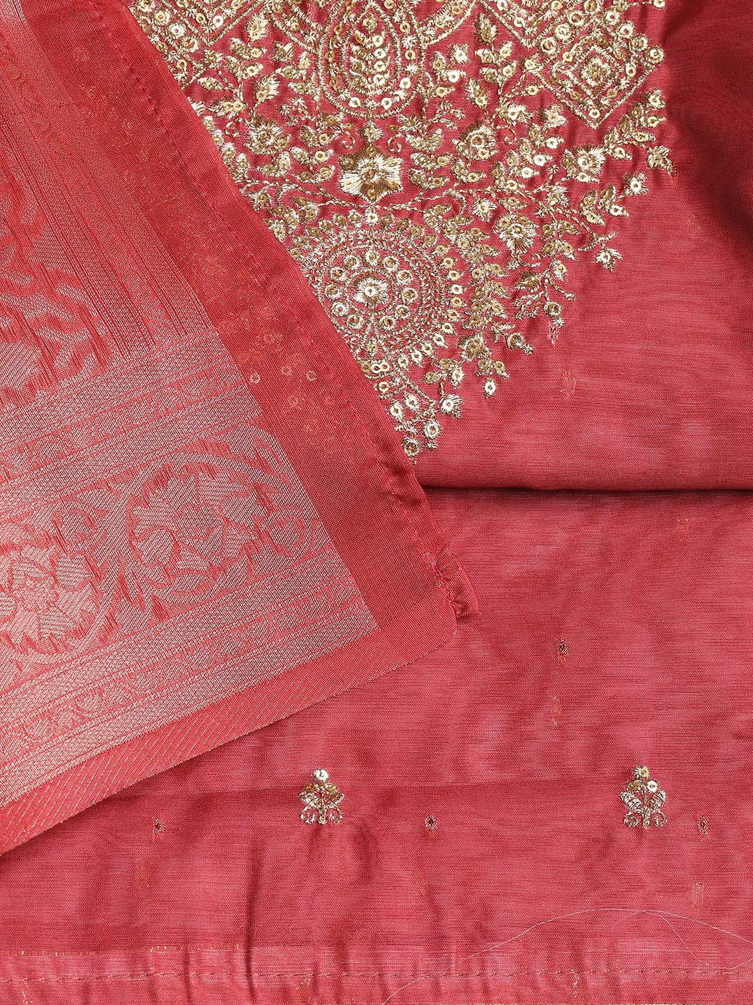 Neck Embroidered Chanderi Unstitched Suit With Dupatta