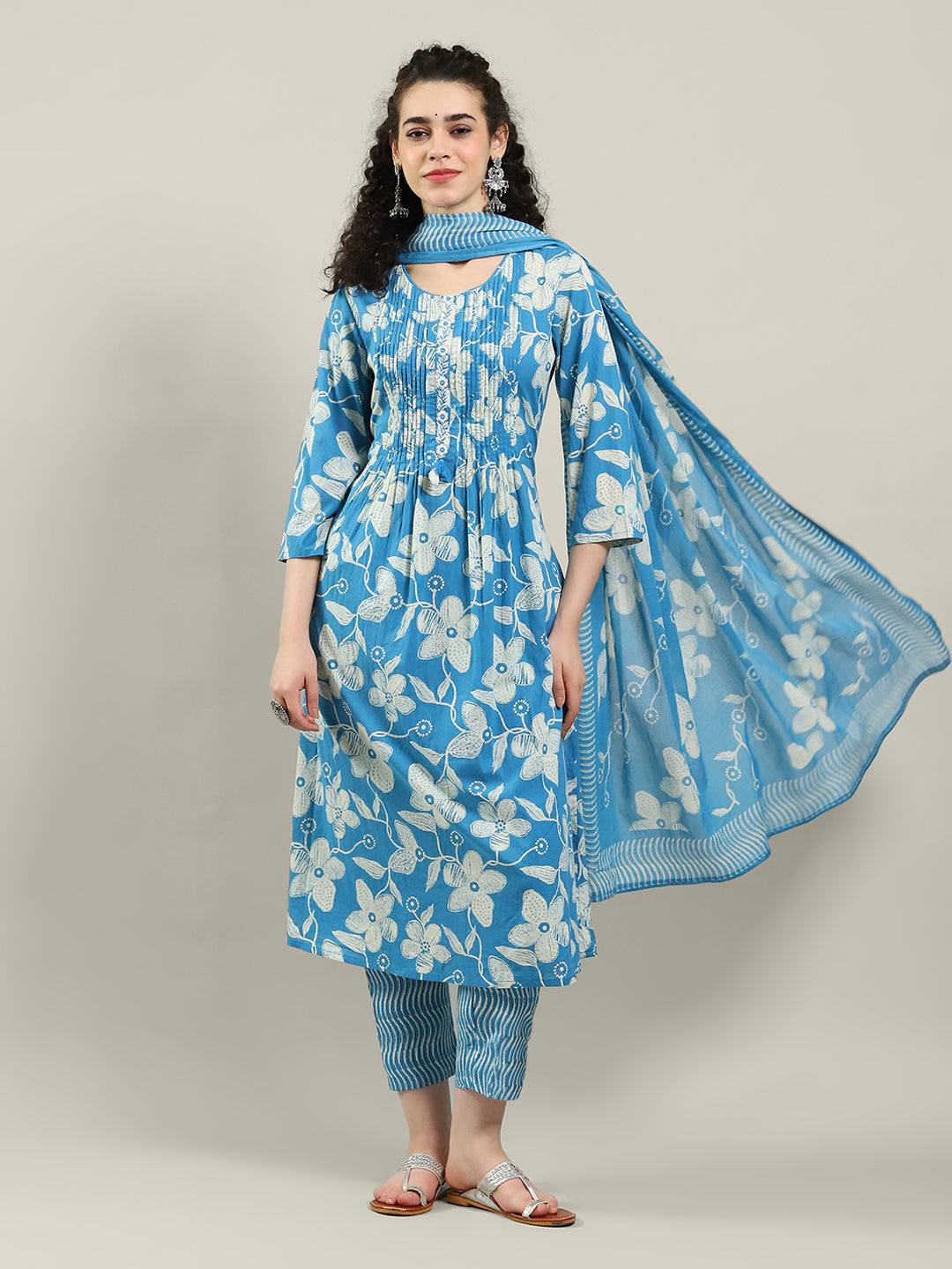 Printed Cotton Blend Kurta With Pants & Dupatta