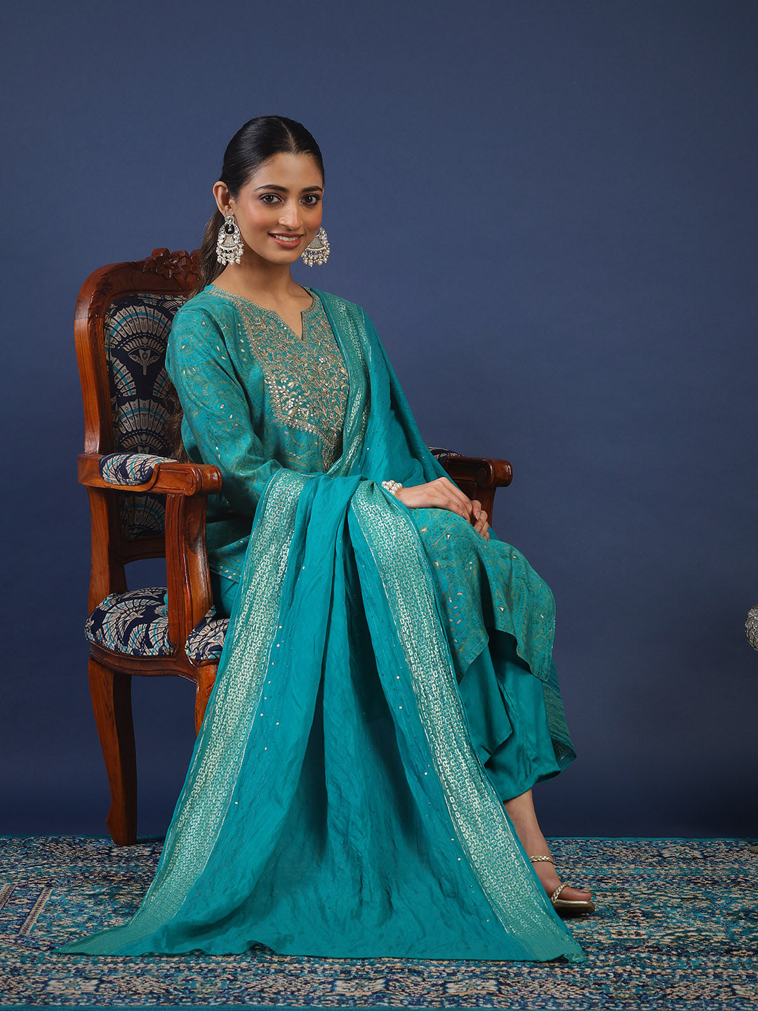 Printed Chanderi Kurta With Pant &amp; Dupatta