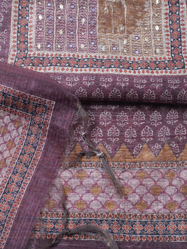 Embroidered Chanderi Unstitched Suit With Pant &amp; Dupatta
