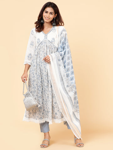 Floral Printed Lace Cotton Kurta With Pants & Dupatta