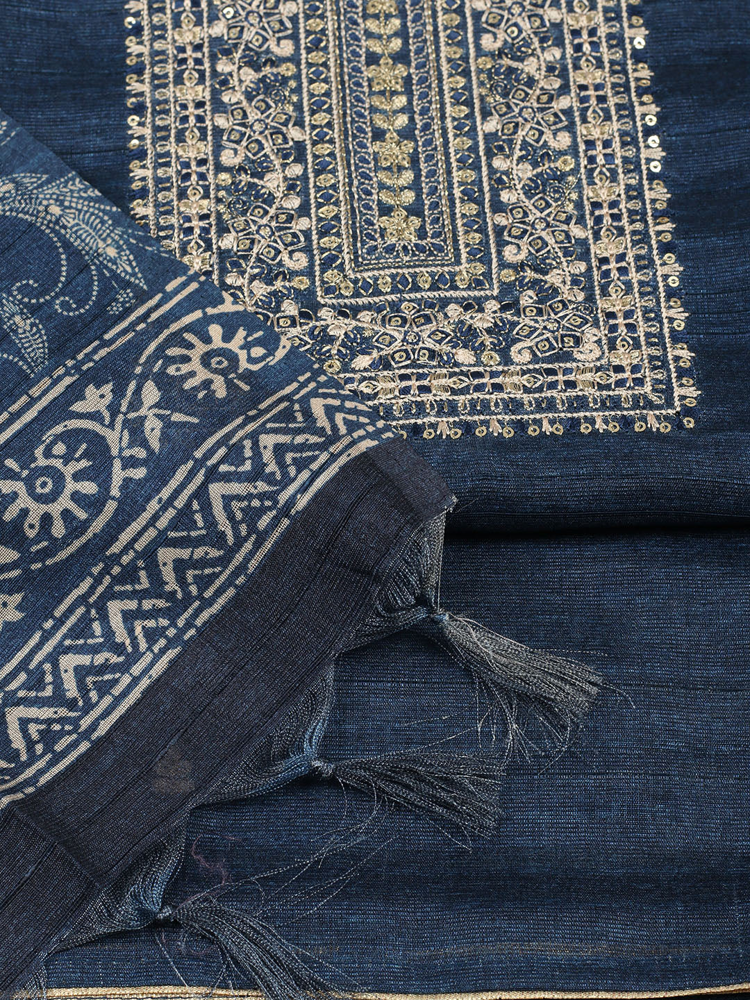 Embroidered Chanderi Unstitched Suit With Pant &amp; Dupatta