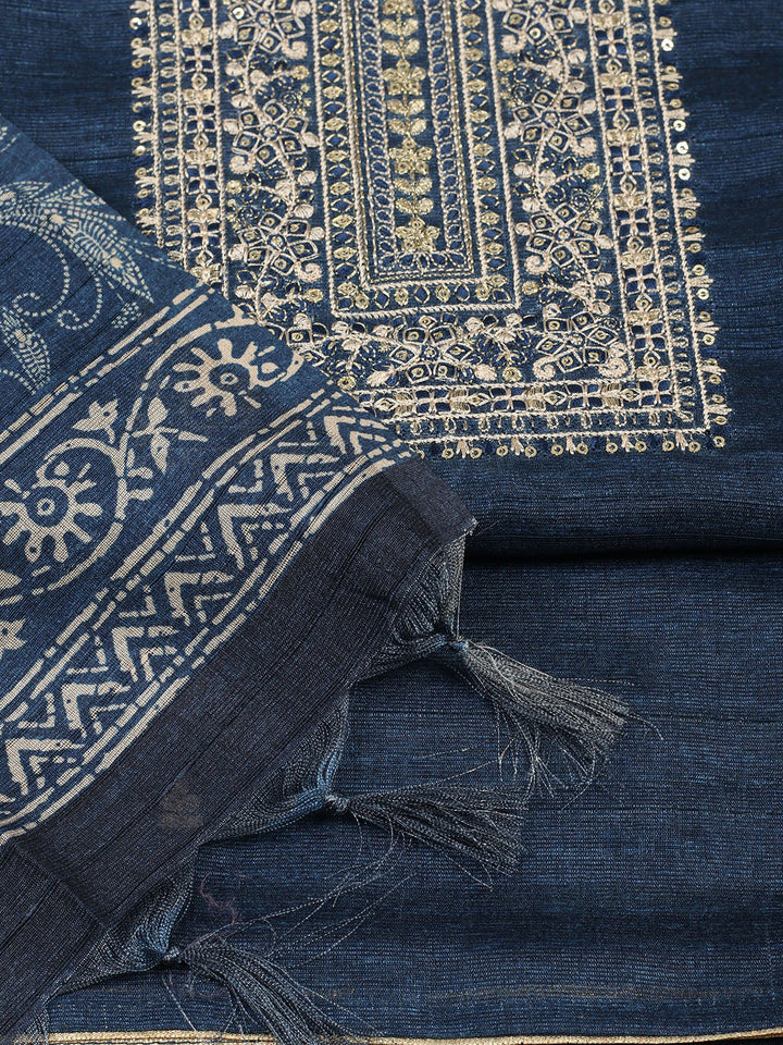 Embroidered Chanderi Unstitched Suit With Pant &amp; Dupatta