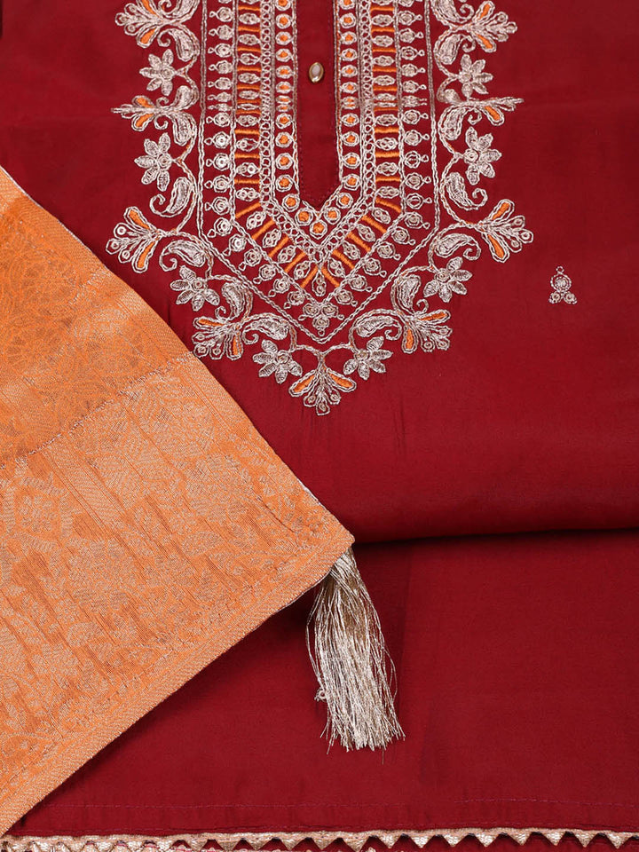 Embroidered Chanderi Unstitched Suit With Pant &amp; Dupatta