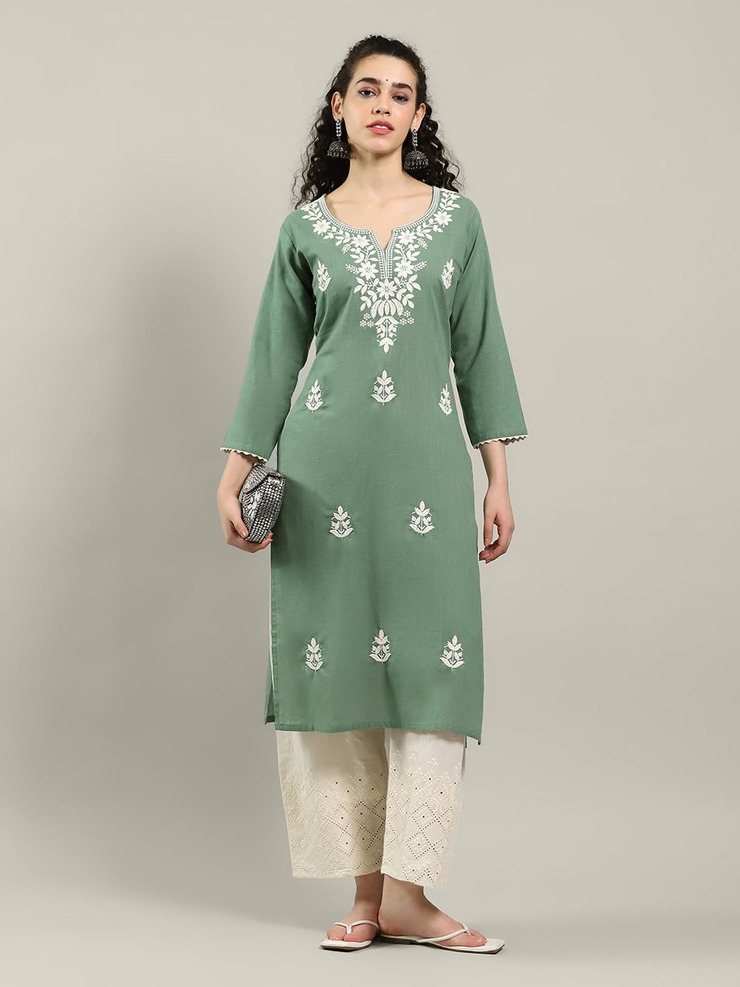 Neck Embroidered Cotton Blend Kurta With Pants