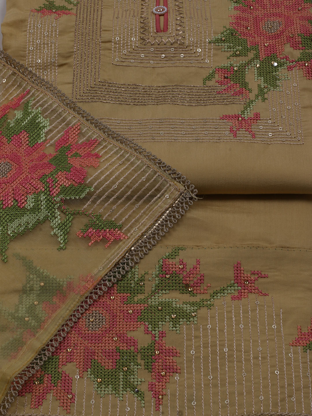Neck Embroidered Chanderi Unstitched Suit With Dupatta