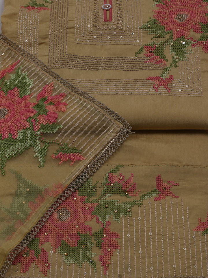 Neck Embroidered Chanderi Unstitched Suit With Dupatta