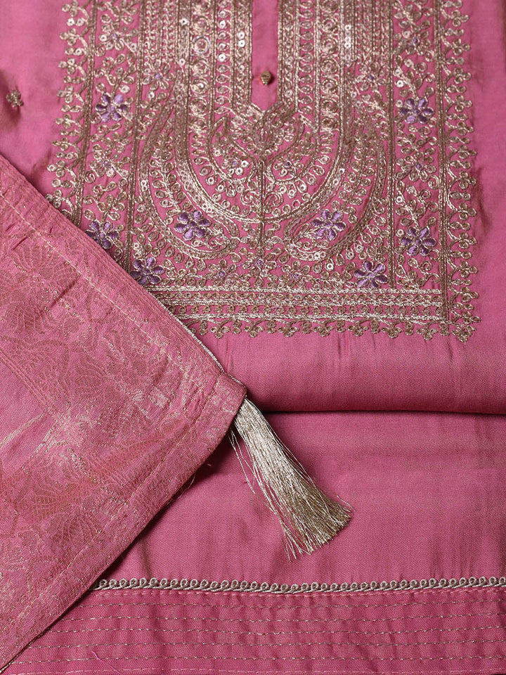 Embroidered Chanderi Unstitched Suit With Pant &amp; Dupatta