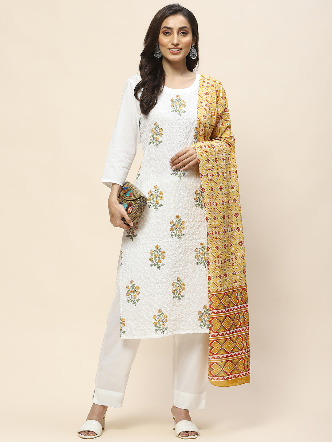 Floral Print Cotton Suit Set With Dupatta