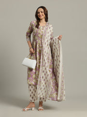 Floral Printed Cotton Blend Anarkali Kurta With Pants & Dupatta