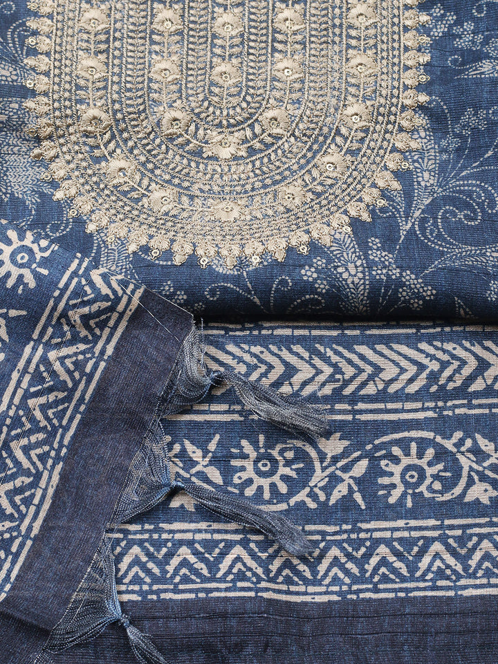 Embroidered Cotton Blend Unstitched Suit With Pant &amp; Dupatta