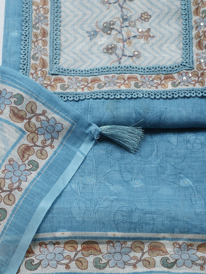 Printed Cotton Blend Unstitched Suit With Pant &amp; Dupatta