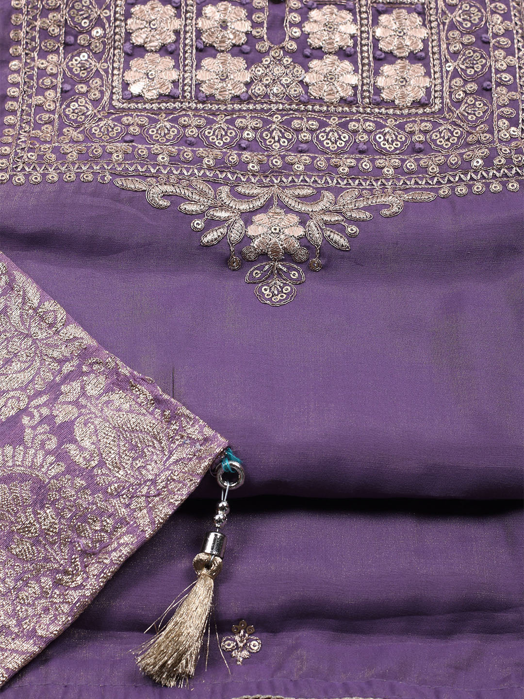 Neck Embroidered Chanderi Unstitched Suit With Dupatta